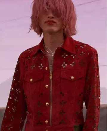 MASU FLOWER-CUT LEATHER TRUCKER JACKET