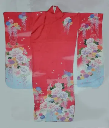 빨간색 꽃무늬 후리소데 기모노 순수 실크