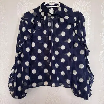 자라 ZARA 네이비와 화이트 도트 무늬 블라우스 스위스 패턴