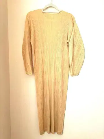 베이지 플리츠 디자인 긴팔 원피스