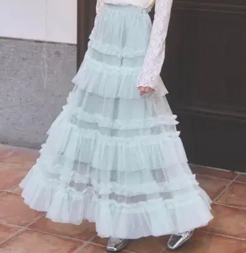 lovilyn 민트 그린 파스텔 티어드 샤샤 스커트