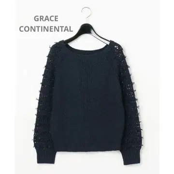그레이스 콘티넨탈 메쉬 리본 니트 상의 네이비