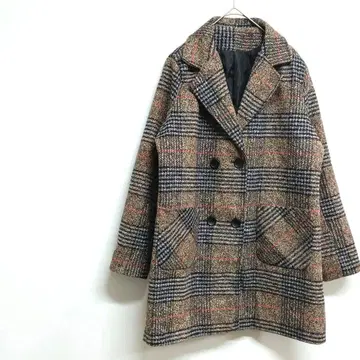 더블 브레스트 체크 코트 브라운 계열 F 캐주얼 빅 포켓