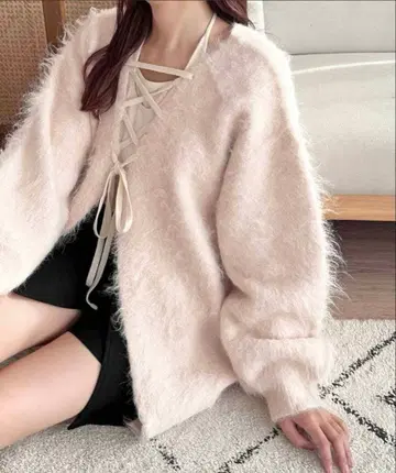 [ apres jour clair ] 샤기 레이스업 니트 가디건