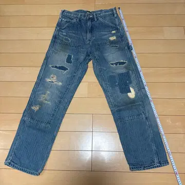 복숭아 타로 청바지 W32 데미지 가공 빈티지 더블니 페인터 데님