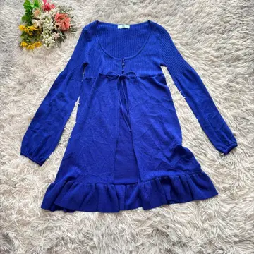 레이리디아 롱 가디건 [ F ] 블루 울 혼방 플레어 리본