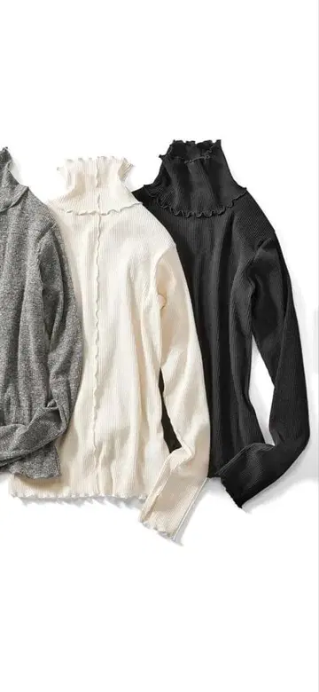 펠리시모 새상품 프릴 하이넥 리브 긴팔 상의 L 사이즈 블랙