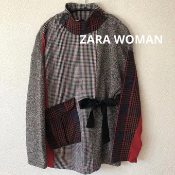 ZARA WOMAN 체크 무늬 비대칭 티셔츠 상의
