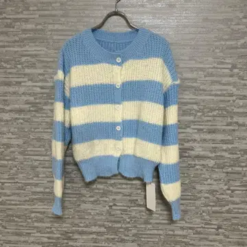 데이지 보더 모헤어풍 니트 가디건 M 사이즈 스카이블루 화이트
