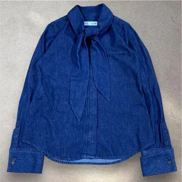 새상품급 ZARA 데님 보타이 블라우스 셔츠 인디고 리본