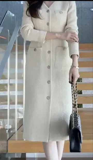 아이보리 트위드풍 긴팔 원피스