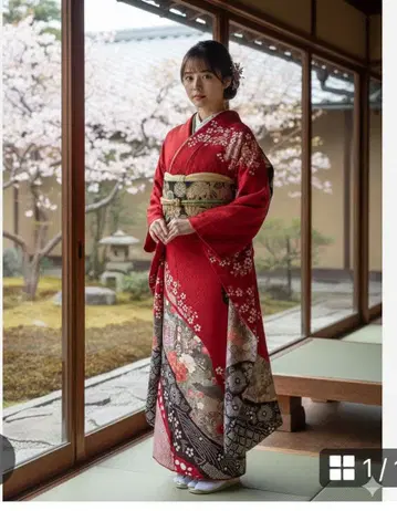 여성용 후리소데 기모노 성인식 빨간색 실크 원단