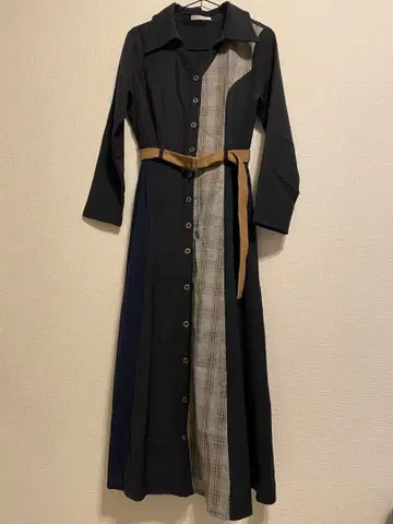 롱 원피스 체크 무늬 벨트 포함