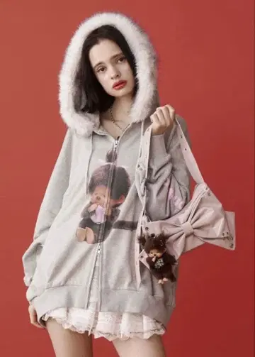 monchhichi x jouetie 퍼 도킹 ZIP 후디 그레이