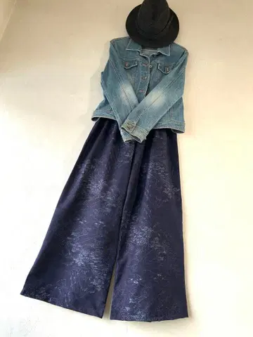 기모노 리메이크  리메이크 네이비 무늬 와이드 팬츠 풍경화