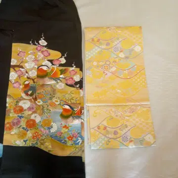 블랙 전모 기모노 꽃무늬 자수 기모노와 오비