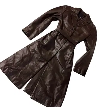 천연 가죽 돈피 가죽 롱 코트 A라인 벨트 포함 브라운 레어 컬러 36