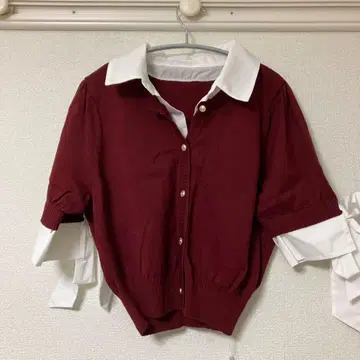 와인 레드 니트 스웨터 반팔 리본 포함