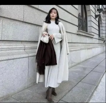 anuans 벨 슬리브 리브 원피스 베이지 프리 사이즈