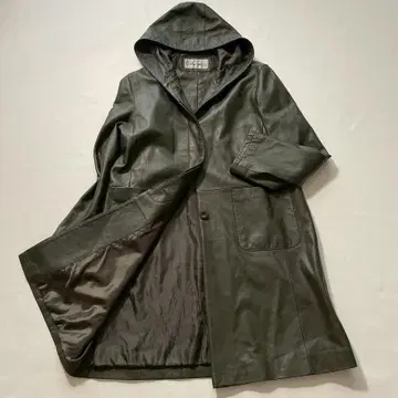 [ 천연 가죽 ] 빈티지 양가죽 롱 가죽 코트 후드 M~L 다크 그린