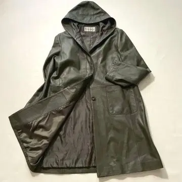 [ 천연 가죽 ] 빈티지 양가죽 롱 가죽 코트 후드 M~L 다크 그린