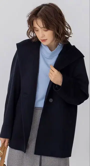 23구 후드 부착 숏코트 네이비 울 캐시미어 온워드