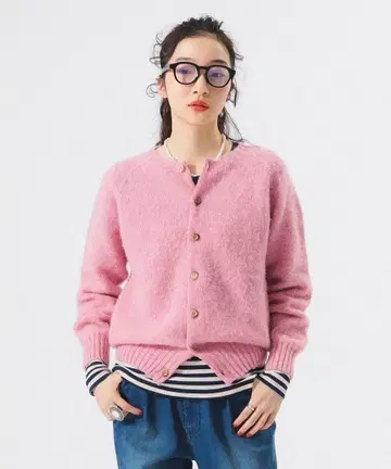 셰틀랜드 샤기 울 가디건 핑크