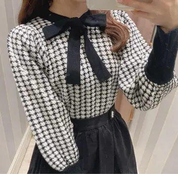 evelyn 하운드투스 체크 패턴 리본 니트