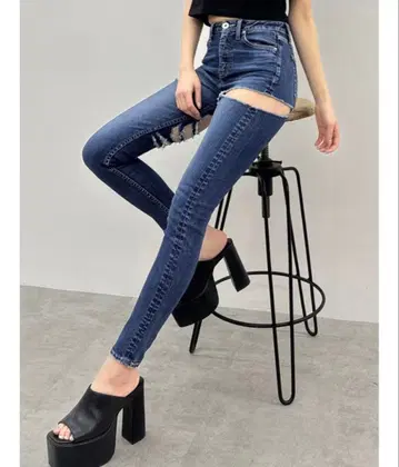 미들 웨이스트 SIDE CUT INNER DAMAGE 스키니 데님 팬츠