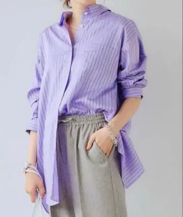 1_OF MINE 슬릿 롱 셔츠 스트라이프 퍼플 긴팔