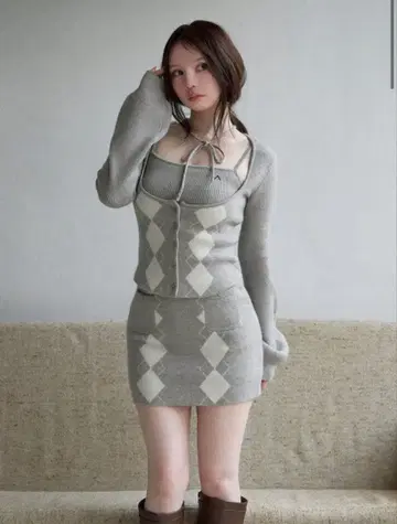 andmary Argyle ribbon knit set up grey