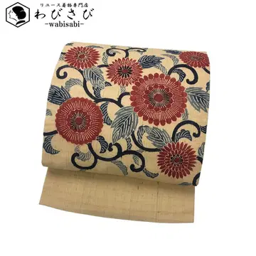 나고야 오비 견직물 염색 꽃덩굴 무늬 밀짚색 O-5037