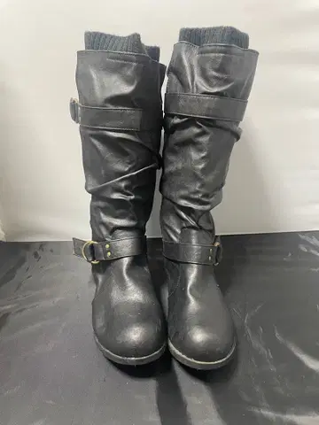 겨울 밑창! 롱 부츠 블랙 니트 절개 벨트 디자인 사이즈 LLL