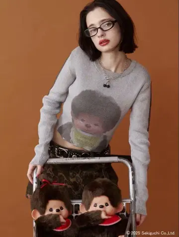 jouetie 몽치치 프린트 니트 스웨터 긴팔 그레이 y2k