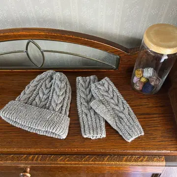 핸드 워머 & 니트 모자 세트 아란 무늬 손뜨개질 핸드메이드