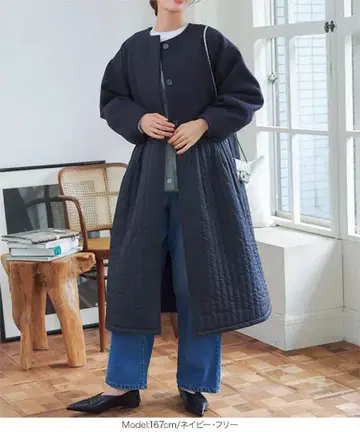 새상품 고베 레터스 2way 페이크 울 x 퀼팅 코트 네이비