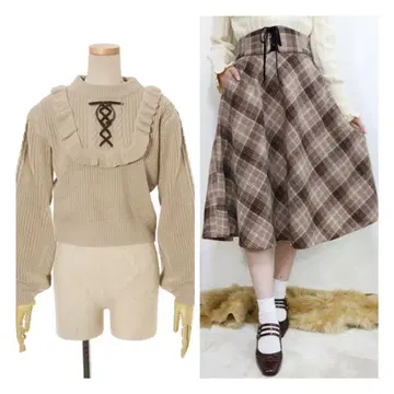 Fi.n.t 핀트 레이스업 니트 풀오버 체크 플레어 스커트