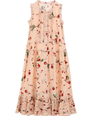 핑크하우스 후르츠 프린트 슬리브리스 롱 원피스 핑크