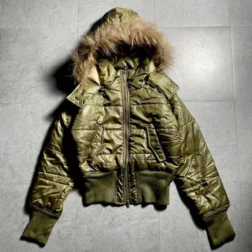 00s y2k 다운 자켓 퍼 광택 육후 헤이세이 갸루 카키