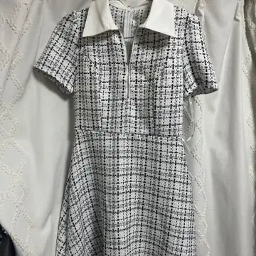 화이트 블랙 체크 무늬 드레스 S