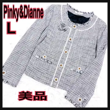 새상품급 핑키앤다이안 트위드 노카라 자켓 L 코사지 골드 라메 프린지