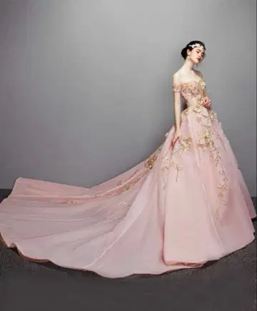 O bride 핑크 오프숄더 웨딩 드레스 결혼식 일회만 착용