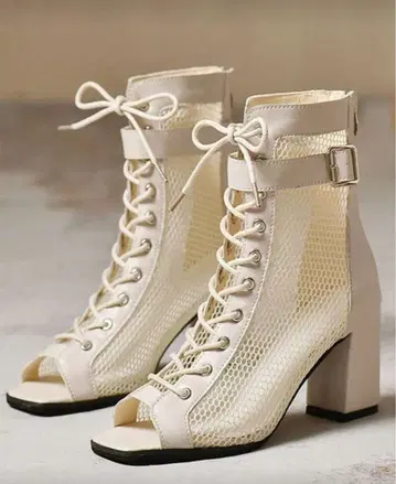 샌들 부츠 메쉬 시스루 화이트 리본 레이스업