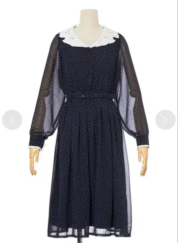 컷워크 오픈 카라 도트 무늬 원피스 (NAVY)