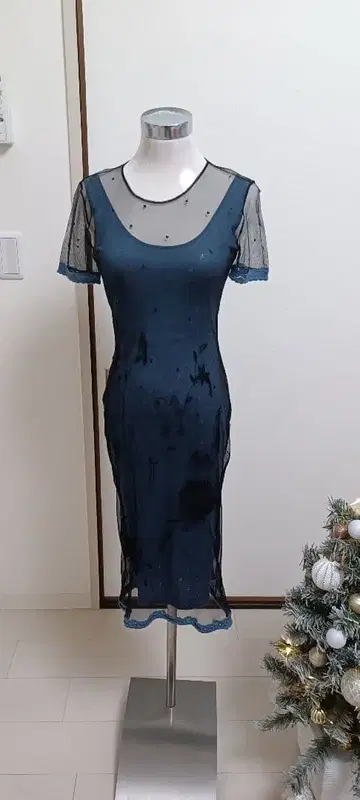 aa 밀라노 다크 블루 블랙 비즈 자수 레이스 레이어드 원피스