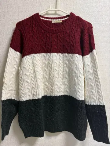 케이블 니트 스웨터 보르도/화이트/블랙