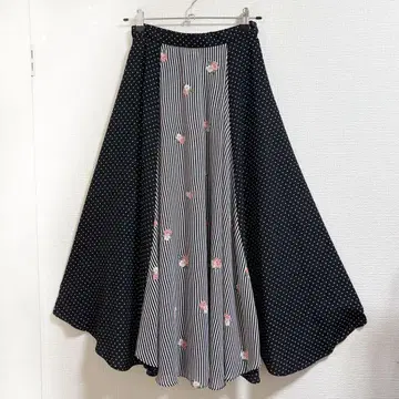 에피누 스커트 롱 도트 블랙 꽃무늬 서큘러 고급