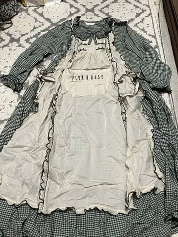 PINK HOUSE 깅엄 체크 에이프런 포함 롱 원피스 그린