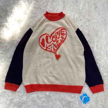 새상품 택 kikki 니트 바이컬러 하트 로고 y2k