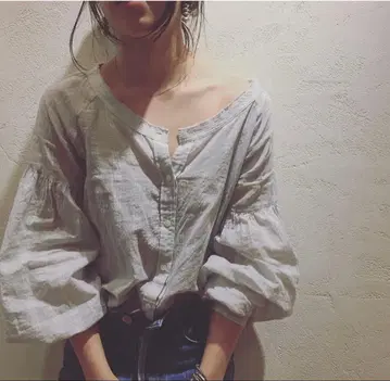 nowos 스트라이프 블라우스 벌룬 슬리브